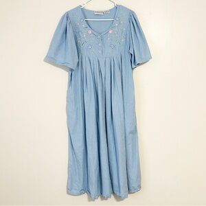 Phases Vintage Cotton Embroidered Light Blue Feminine Ruffle Floral Dress